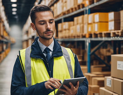 A company member using a tablet in the warehouse with advanced algorithms and logical decision-making capabilities, symbolizing efficient logistics management for PGS 360